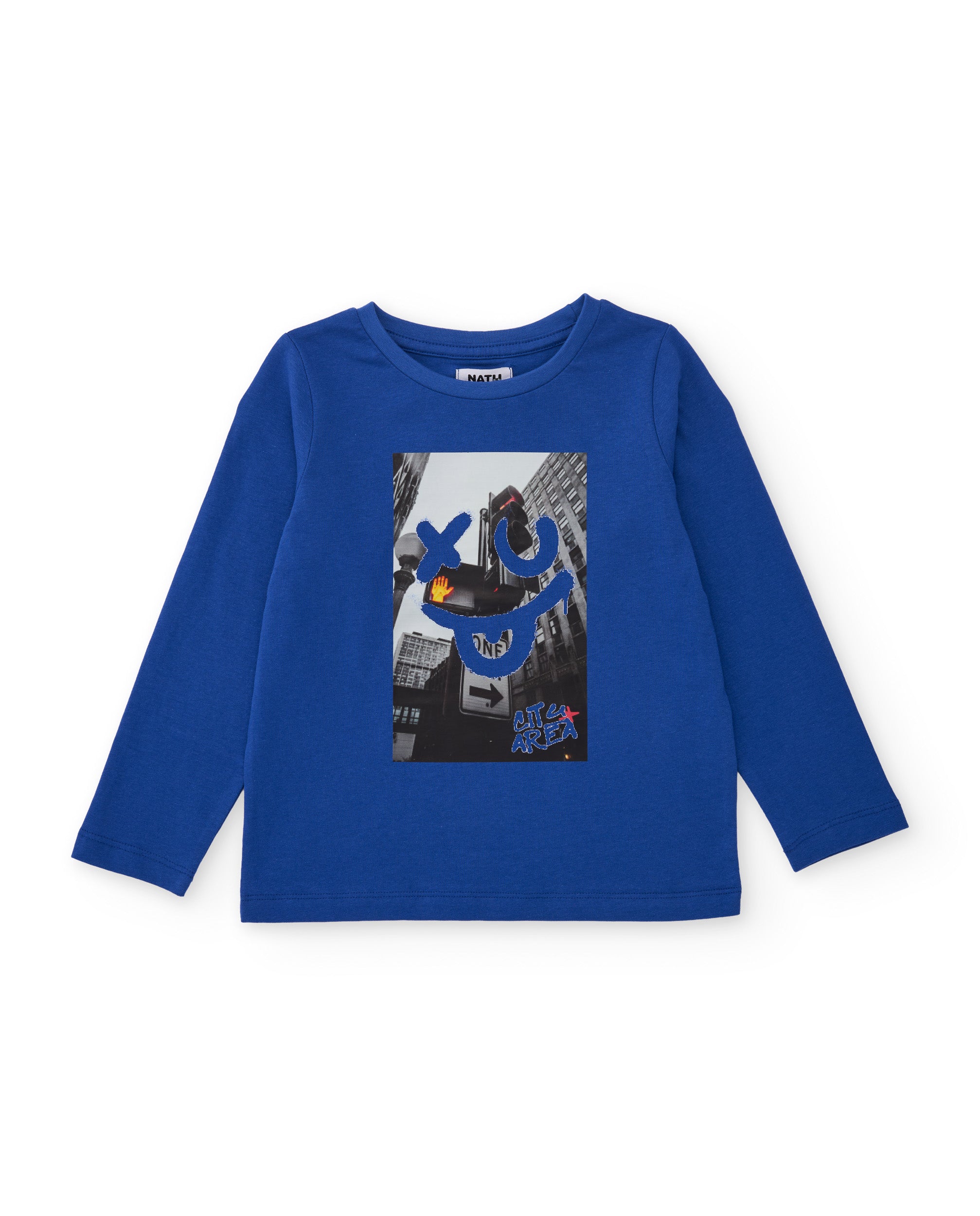 Camiseta de niño de punto con estampado urbano y colores en contraste