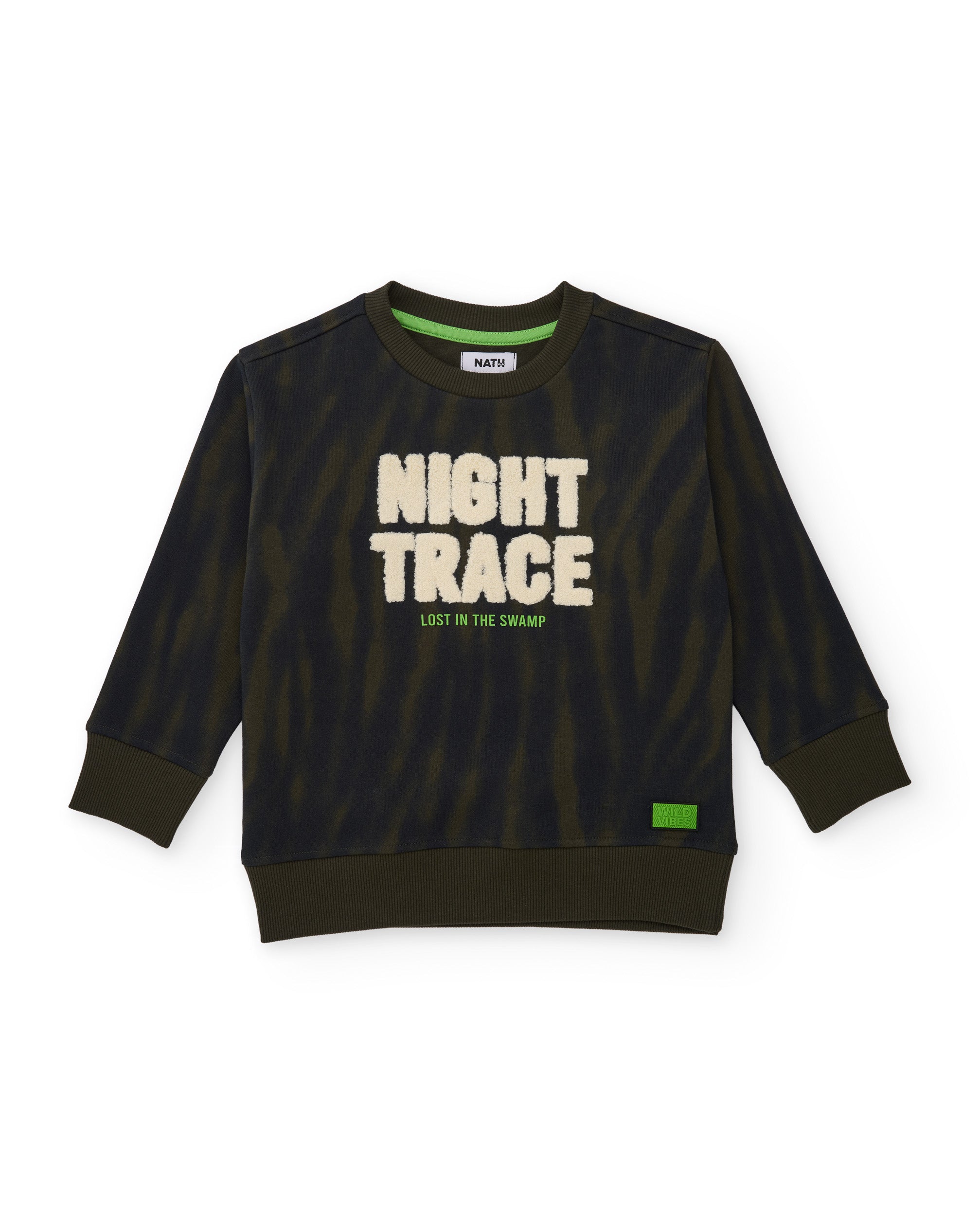 Sudadera de niño de felpa con mensaje estampado y detalles en verde oliva