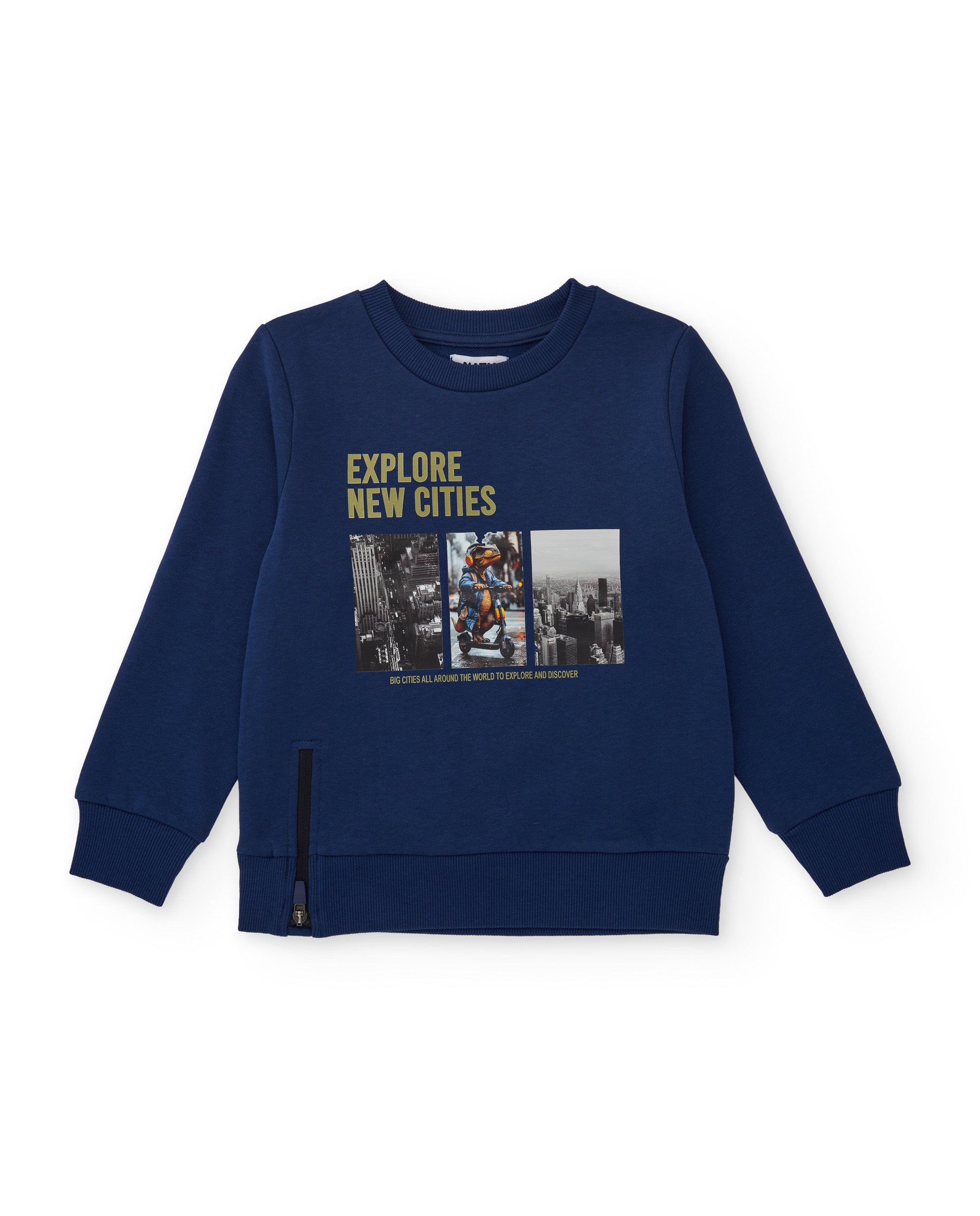 Sudadera de niño de punto con print urbano y cremallera lateral