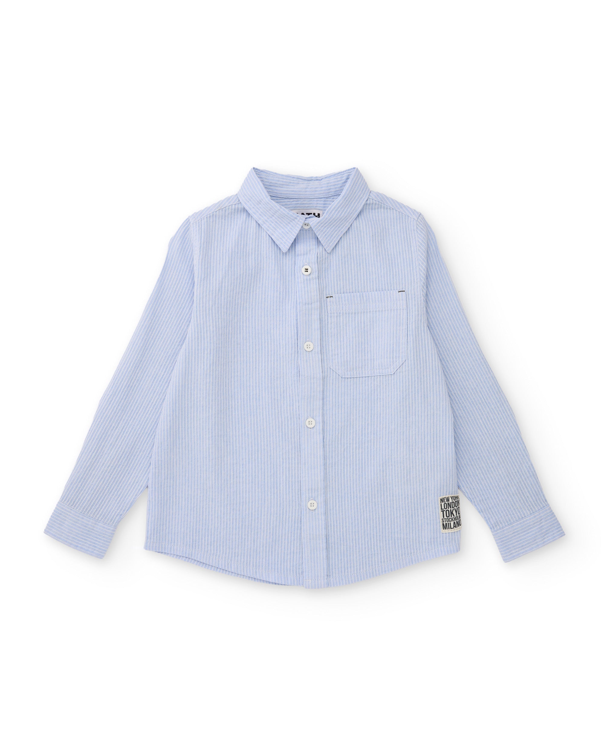 Camisa de niño de algodón con rayas finas y bolsillo frontal