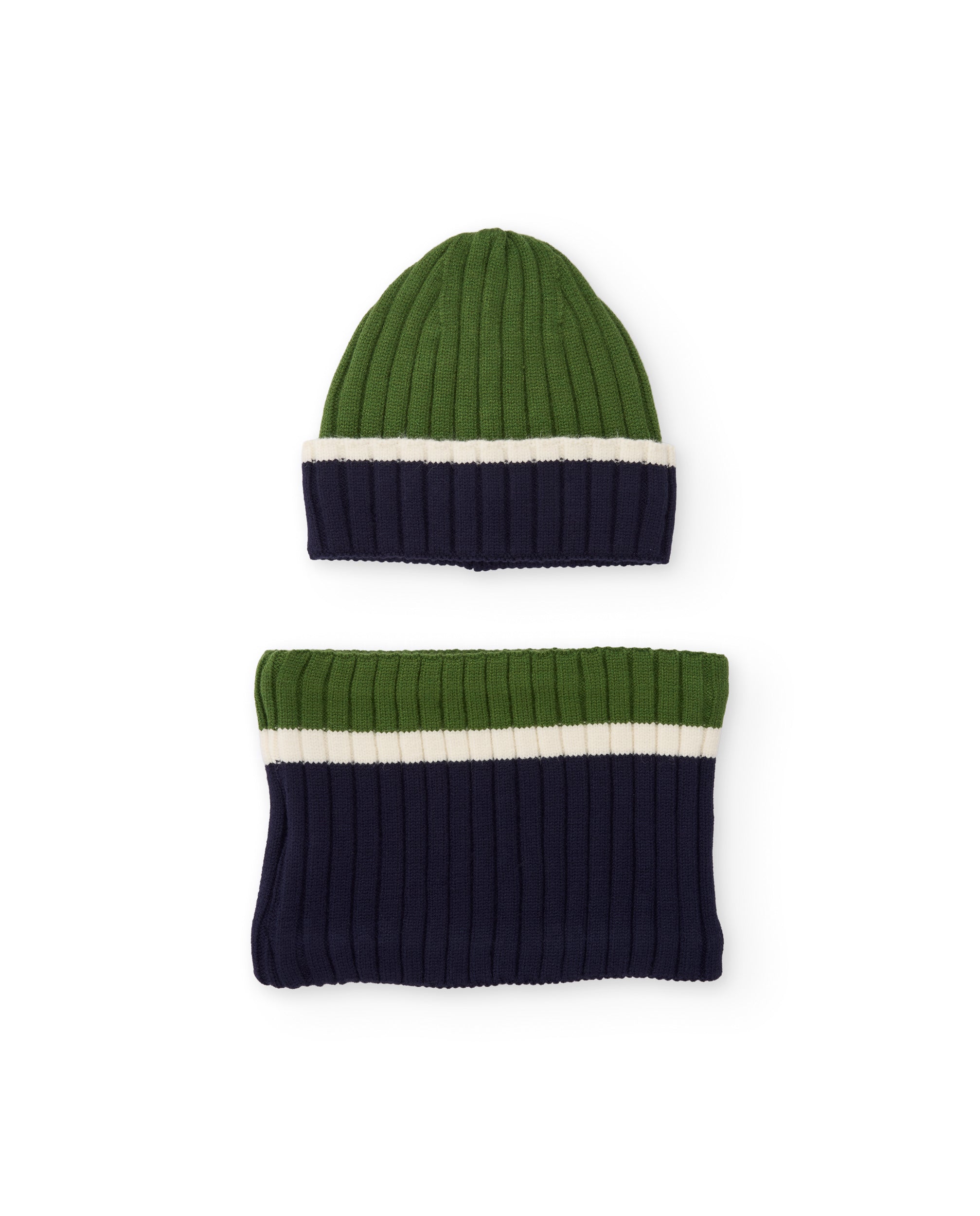 Conjunto de niño de tricot con gorro y braga de cuello de rayas bicolor