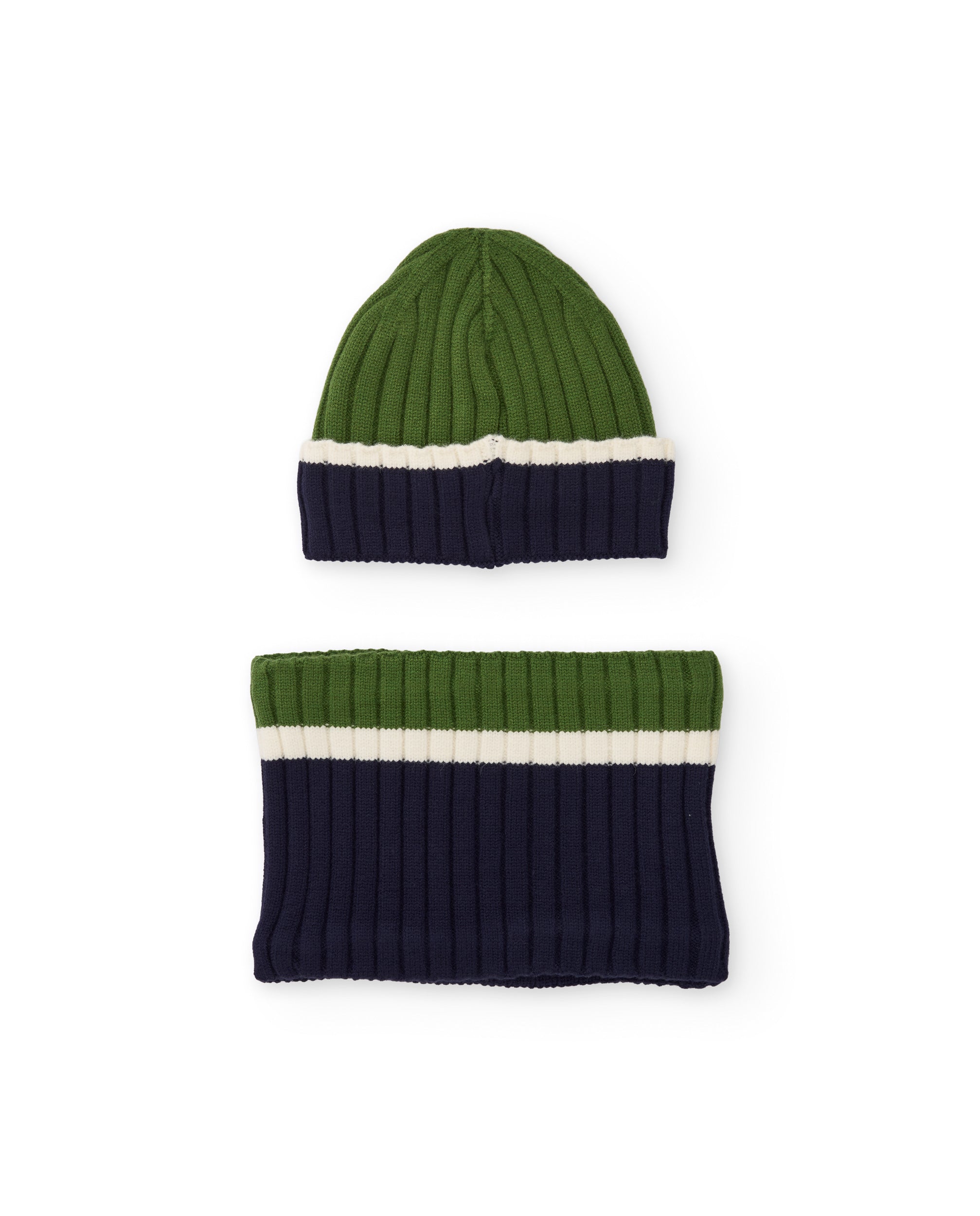 Conjunto de niño de tricot con gorro y braga de cuello de rayas bicolor