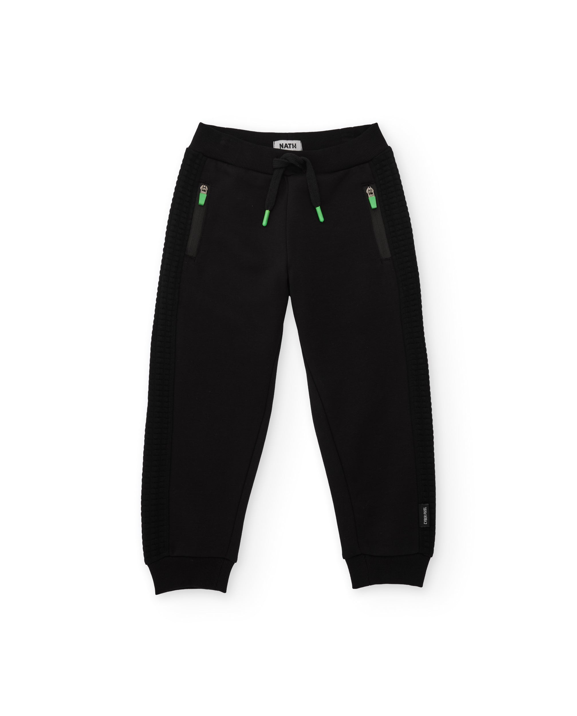 Pantalón de niño de felpa con bordados laterales y cremalleras en contraste