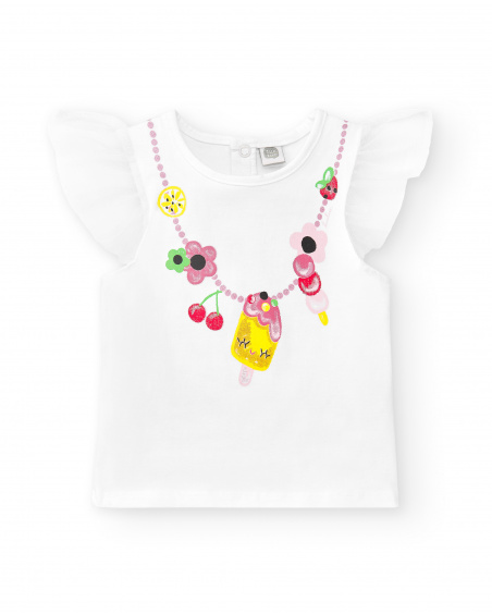 White ruffled knit t-shirt for girl Creamy Ice collection