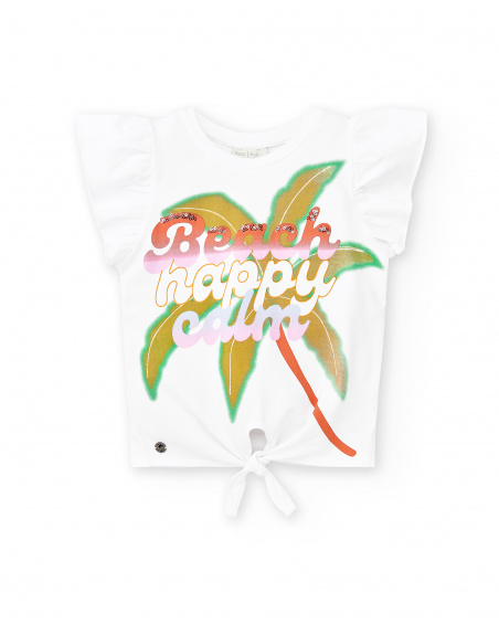 White knit t-shirt for girl Paradise Beach collection