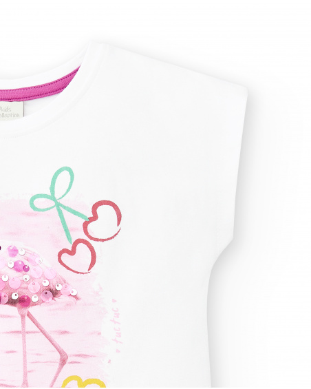 White sequined knit t-shirt for girl Flamingo Mood collection