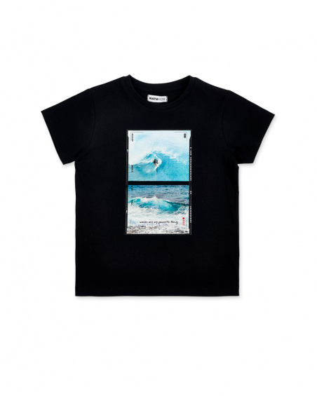 Black knit t-shirt with image for boy for boy Tenerife Surf