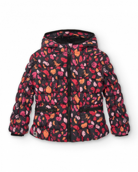 Black padded coat with floral print for girls Dark and Roses collection