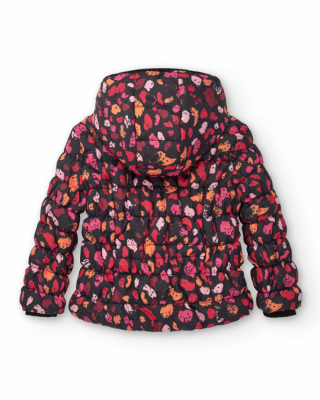 Black padded coat with floral print for girls Dark and Roses collection