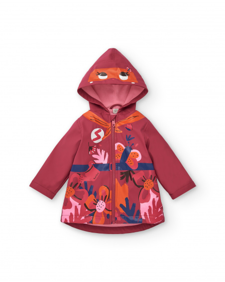 Girl's waterproof jacket in red with hood and floral print Super Natural collection