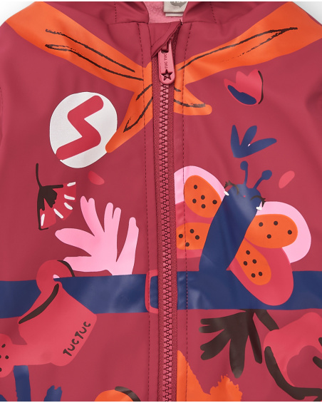 Girl's waterproof jacket in red with hood and floral print Super Natural collection