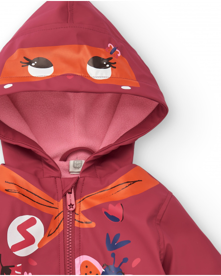 Girl's waterproof jacket in red with hood and floral print Super Natural collection