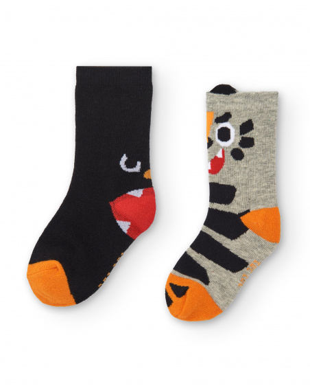 Set of 2 boys socks in black and grey with tiger design from the Cartoon Calling collection