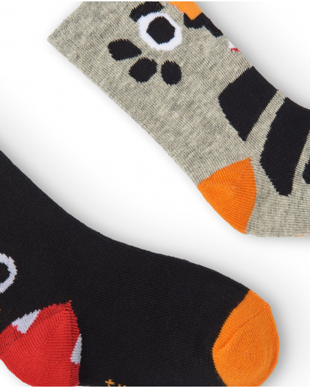 Set of 2 boys socks in black and grey with tiger design from the Cartoon Calling collection