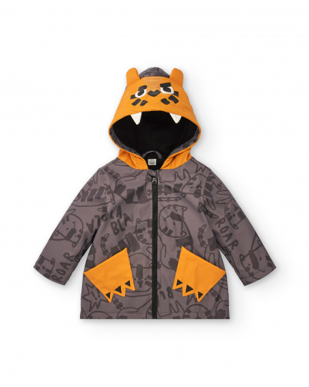 Waterproof jacket for boys in grey with tiger hood from the Cartoon Calling collection