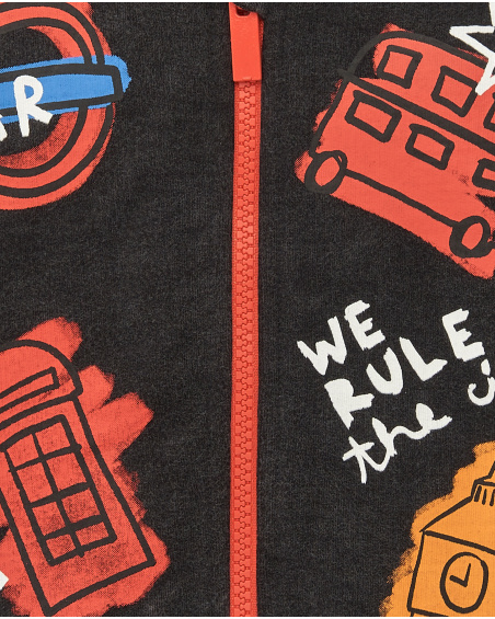 Black plush sweatshirt for boys with hood and London print from the Cartoon Calling collection