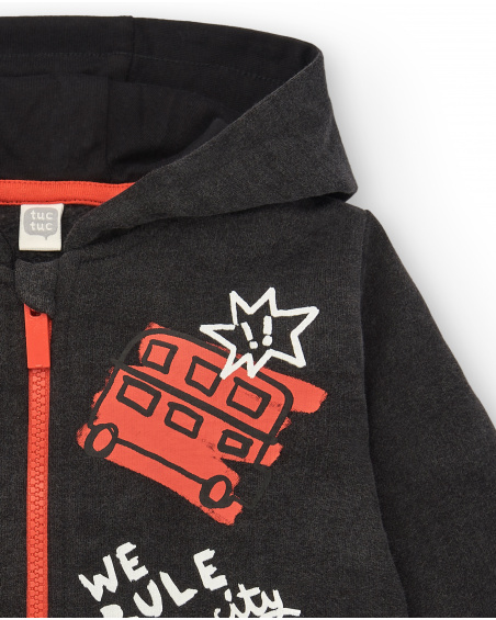 Black plush sweatshirt for boys with hood and London print from the Cartoon Calling collection