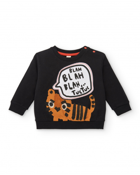 Black plush sweatshirt for boys with tiger print from the Cartoon Calling collection