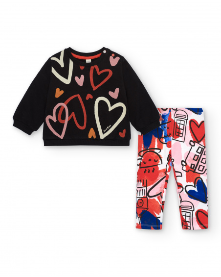 Girl's sweatshirt and leggings set in black and pink with hearts from the Cartoon Calling collection
