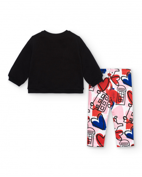 Girl's sweatshirt and leggings set in black and pink with hearts from the Cartoon Calling collection