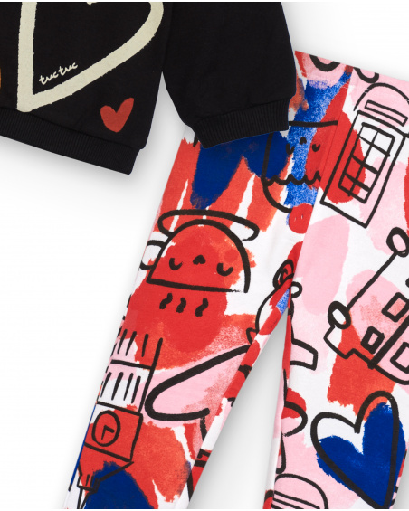 Girl's sweatshirt and leggings set in black and pink with hearts from the Cartoon Calling collection