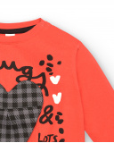 Red T-shirt with a checkered heart and the message "Hugs & Love" for girls from the Cartoon Calling Red T-shirt with a checkered heart and the message "Hugs & Love" for girls from the Cartoon Calling