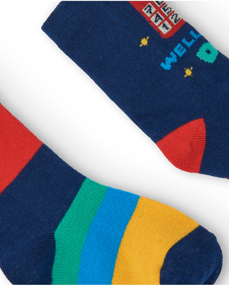 Boys socks in blue with multicoloured stripes and fun print from the Big Brains collection