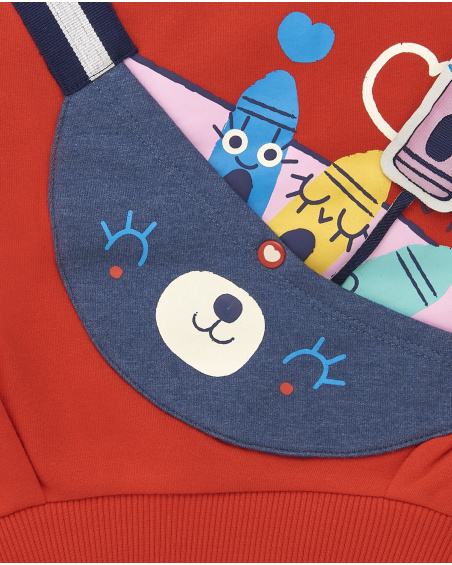 Red girl's sweatshirt with backpack print and fun details from the Big Brains collection