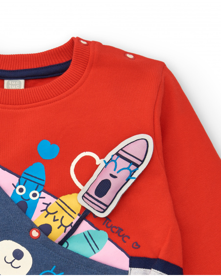 Red girl's sweatshirt with backpack print and fun details from the Big Brains collection