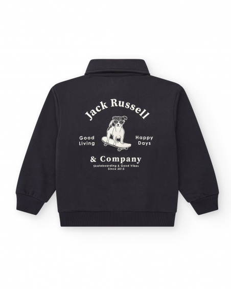 Black long-sleeved polo shirt with "Happy Days" print for boys from the Pet Friendly Town collection
