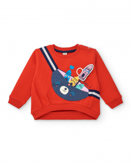Red girl's sweatshirt with backpack print and fun details from the Big Brains collection