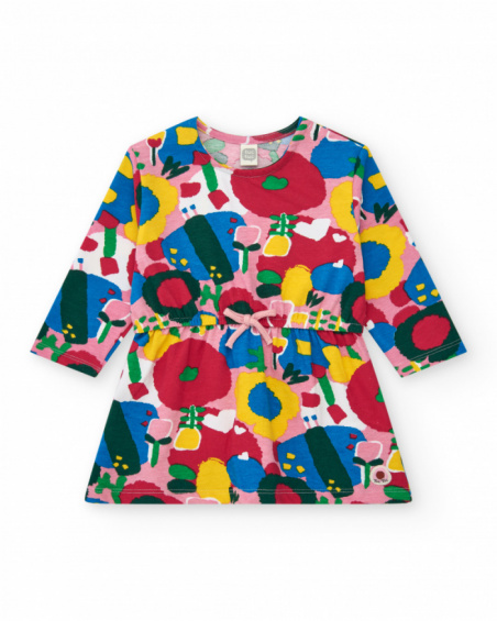 Vestido punto niña en multicolor con estampado floral y cintura