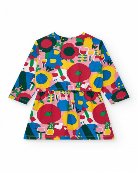 Vestido punto niña en multicolor con estampado floral y cintura