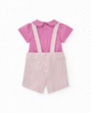 Knitted outfit for girls with ribbed lilac overalls and fruit print