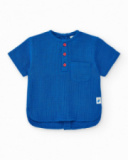 Boys' outfit with short-sleeved blue shirt and embroidered whale denim pants
