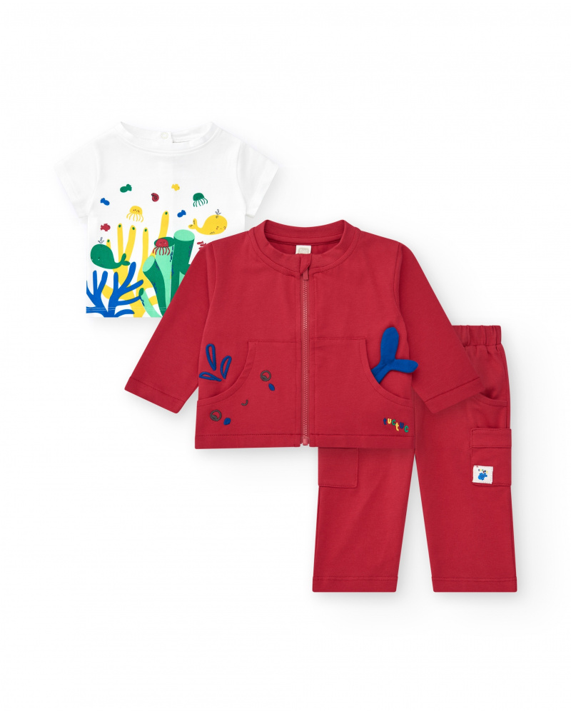 Three-piece fleece tracksuit for boys with red jacket, white T-shirt, and red pants