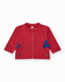 Three-piece fleece tracksuit for boys with red jacket, white T-shirt, and red pants