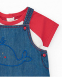 Girls' outfit with embroidered whale denim overalls and red T-shirt