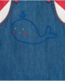 Girls' outfit with embroidered whale denim overalls and red T-shirt