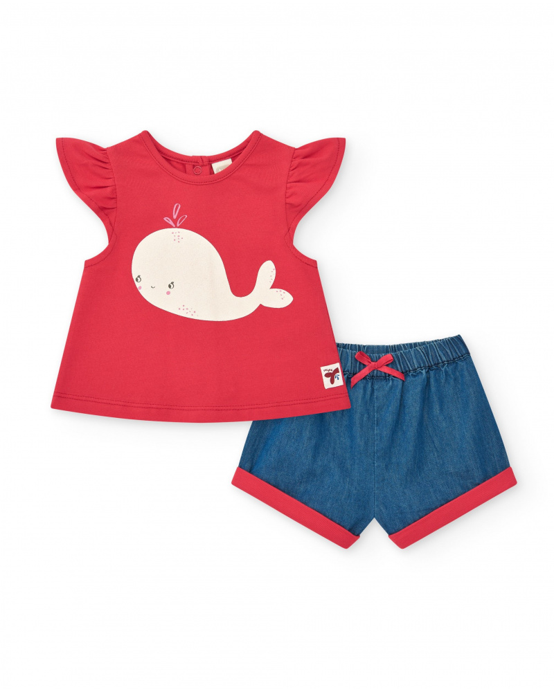 Girls' outfit with red whale T-shirt and blue denim pants