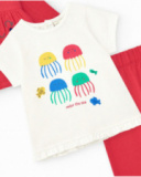 Girls' outfit with jellyfish T-shirt, red leggings, and embroidered jacket