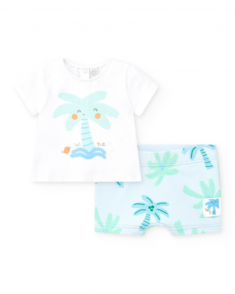 Boys' swim outfit with white palm tree T-shirt and blue tropical print shorts