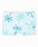Boys' swim outfit with white palm tree T-shirt and blue tropical print shorts