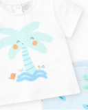 Boys' swim outfit with white palm tree T-shirt and blue tropical print shorts
