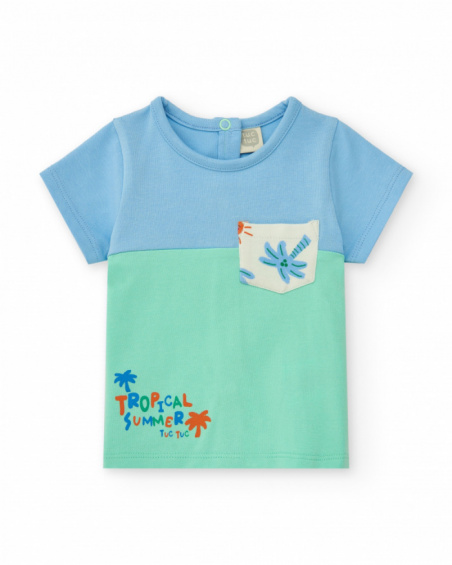 Boys' outfit with blue and green T-shirt and white shorts with palm tree and sun print