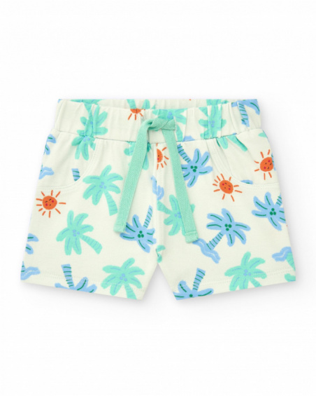 Boys' outfit with blue and green T-shirt and white shorts with palm tree and sun print