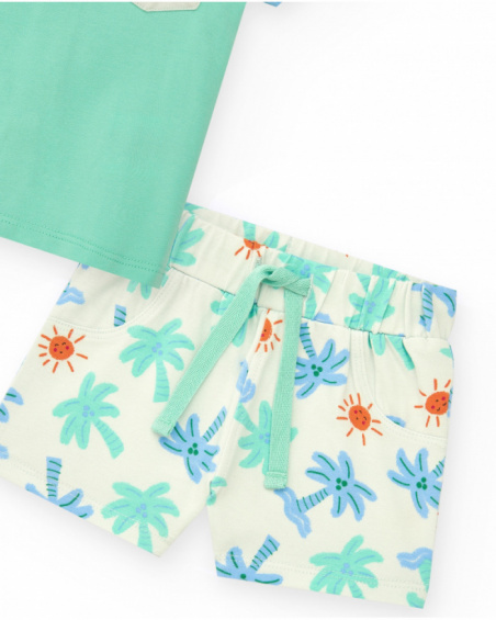 Boys' outfit with blue and green T-shirt and white shorts with palm tree and sun print