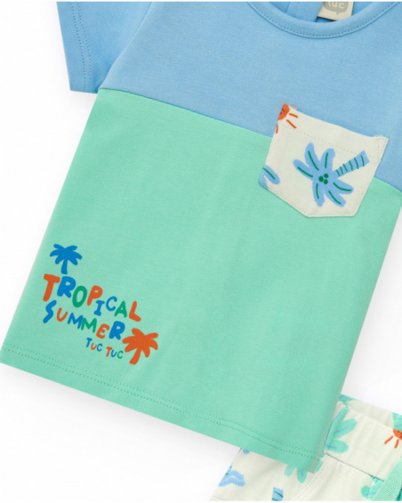Boys' outfit with blue and green T-shirt and white shorts with palm tree and sun print