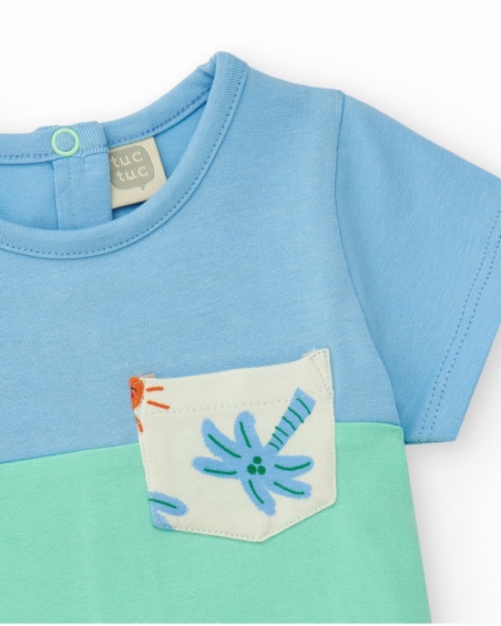 Boys' outfit with blue and green T-shirt and white shorts with palm tree and sun print