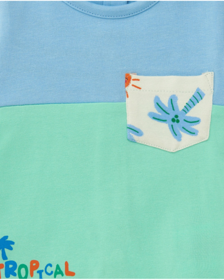 Boys' outfit with blue and green T-shirt and white shorts with palm tree and sun print